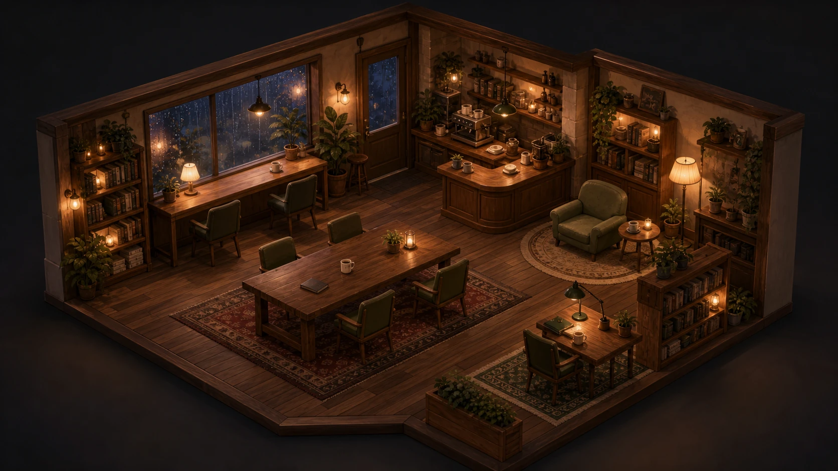 Warm illustrated Rainy Café coworking room with empty work seats